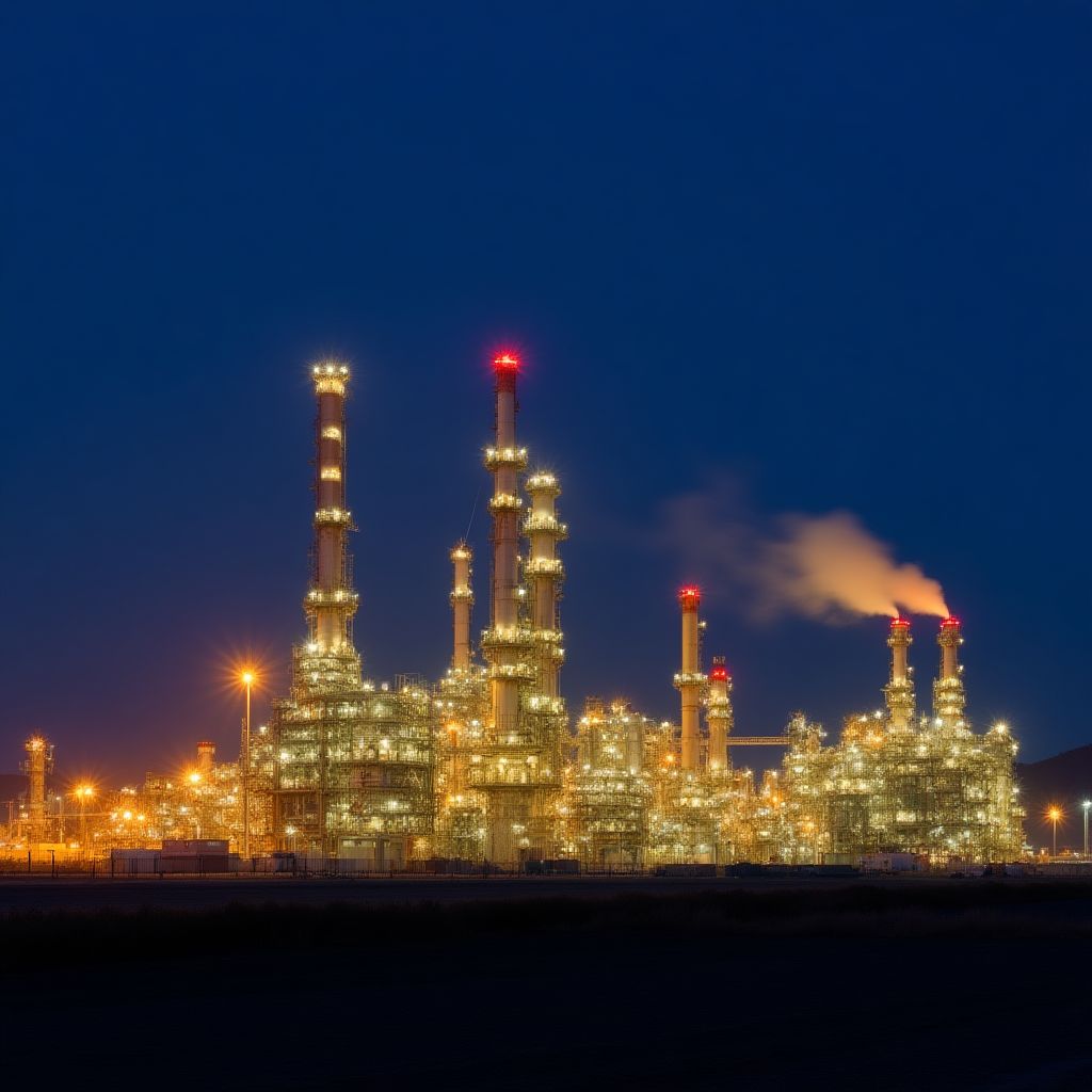Refinería nocturna con luces